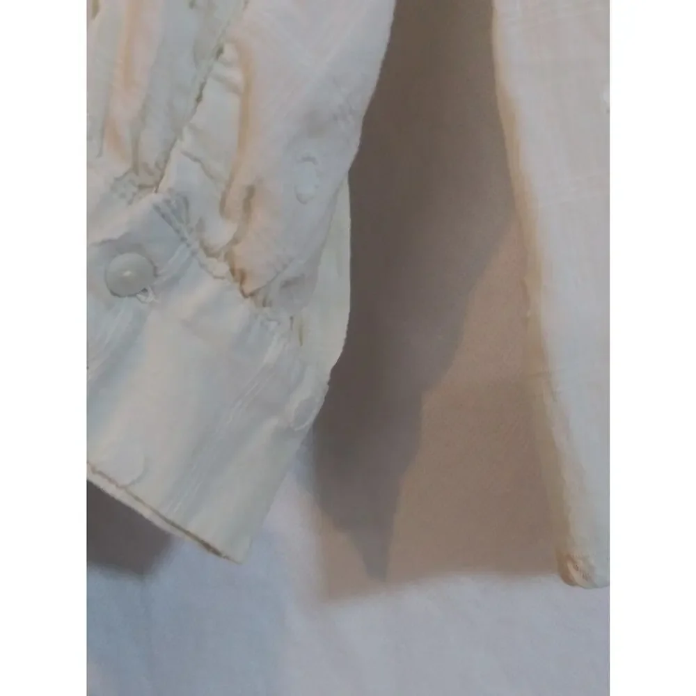 Zara Tan Dot-Pattern V-Neck Button Balloon Embroidered Sleeve Blouse Size Small